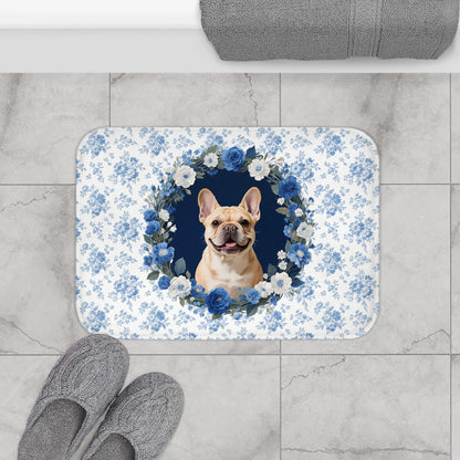 Blue Floral Frenchie Bath Mat – Cute Fawn French Bulldog Bathroom Rug