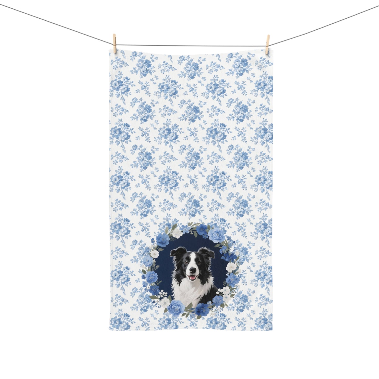 Blue Floral Border Collie Dog Portrait Hand Towel – Cute Pet Bathroom Accessory