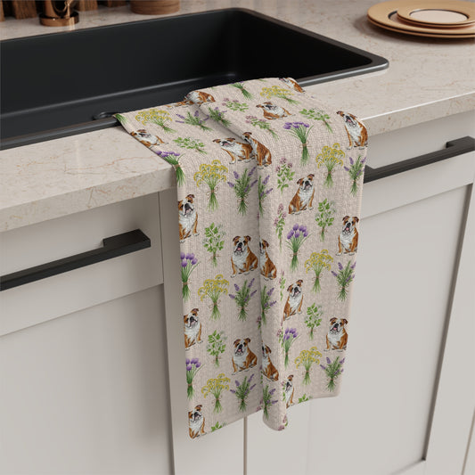 English Bulldog & Herbs Tea Towel - Floral Dog Kitchen Towel