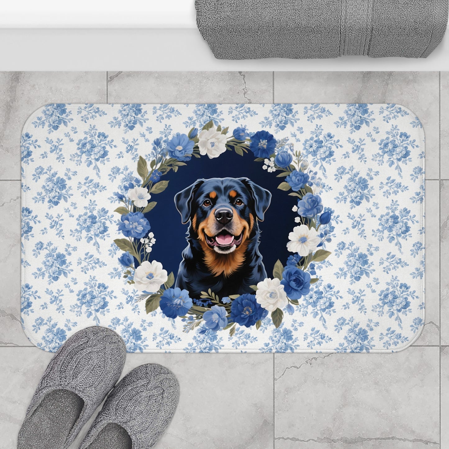 Blue Floral Rottie Bath Mat – Cute Rottweiler Dog Bathroom Rug