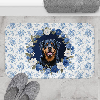 Blue Floral Rottie Bath Mat – Cute Rottweiler Dog Bathroom Rug