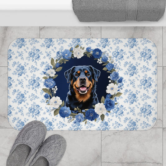 Blue Floral Rottie Bath Mat – Cute Rottweiler Dog Bathroom Rug