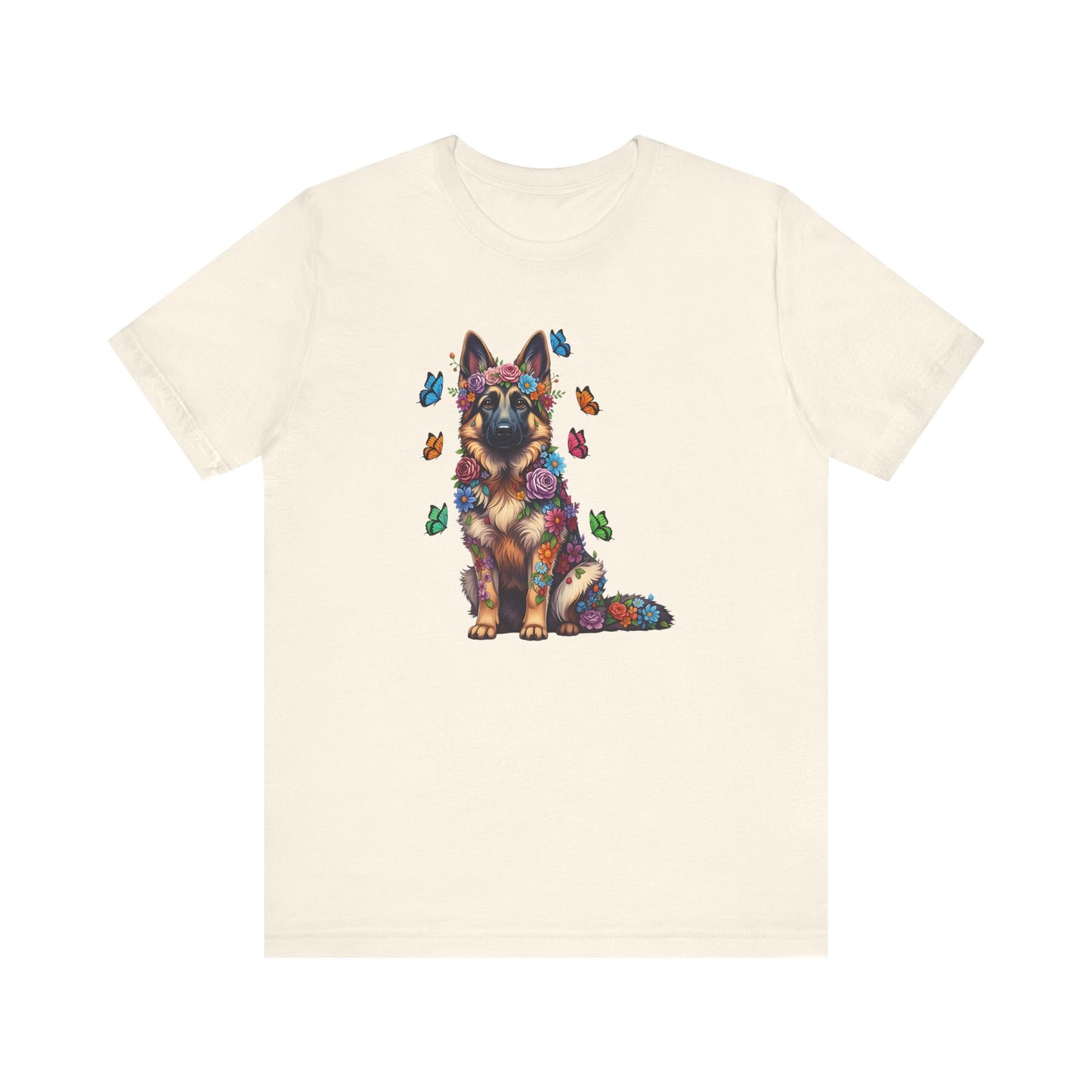 Whimsical Floral German Shepherd Tee – Colorful Dog Lover Shirt with Butterflies