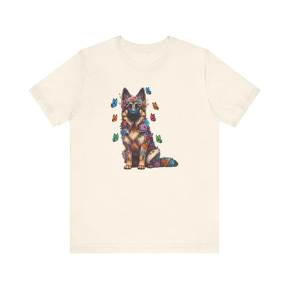 Whimsical Floral German Shepherd Tee – Colorful Dog Lover Shirt with Butterflies
