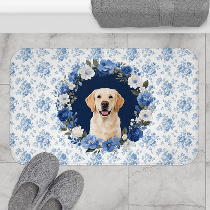 Blue Floral Lab Bath Mat – Cute Labrador Retriever Dog Bathroom Rug
