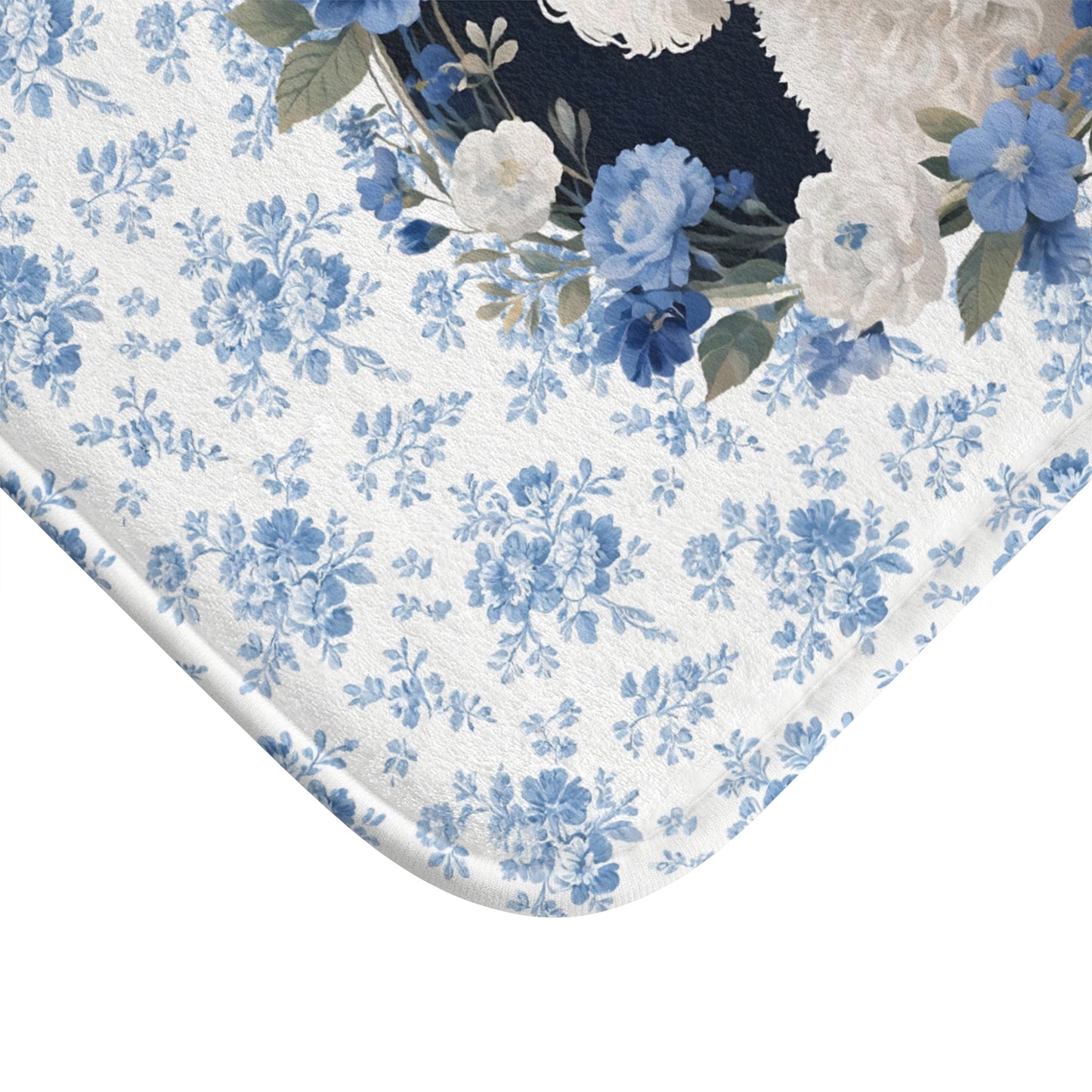 Blue Floral Bichon Bath Mat – Cute Bichon Frise Dog Bathroom Rug