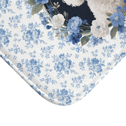Blue Floral Bichon Bath Mat – Cute Bichon Frise Dog Bathroom Rug