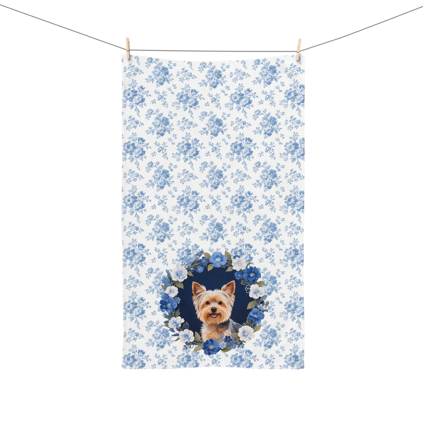 Blue Floral Yorkshire Terrier Dog Portrait Hand Towel – Cute Pet Bathroom Accessory