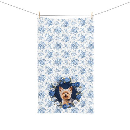 Blue Floral Yorkshire Terrier Dog Portrait Hand Towel – Cute Pet Bathroom Accessory