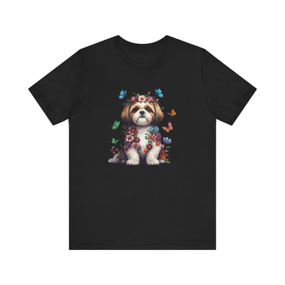 Whimsical Floral Shih Tzu Tee – Colorful Dog Lover Shirt with Butterflies