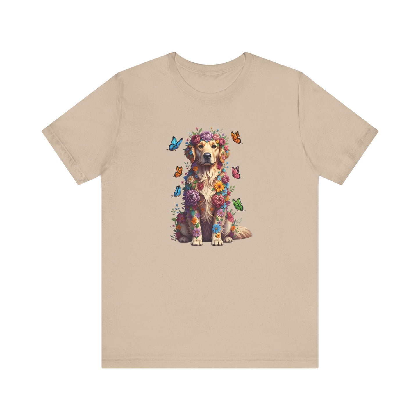 Whimsical Floral Golden Retriever Tee – Colorful Dog Lover Shirt with Butterflies