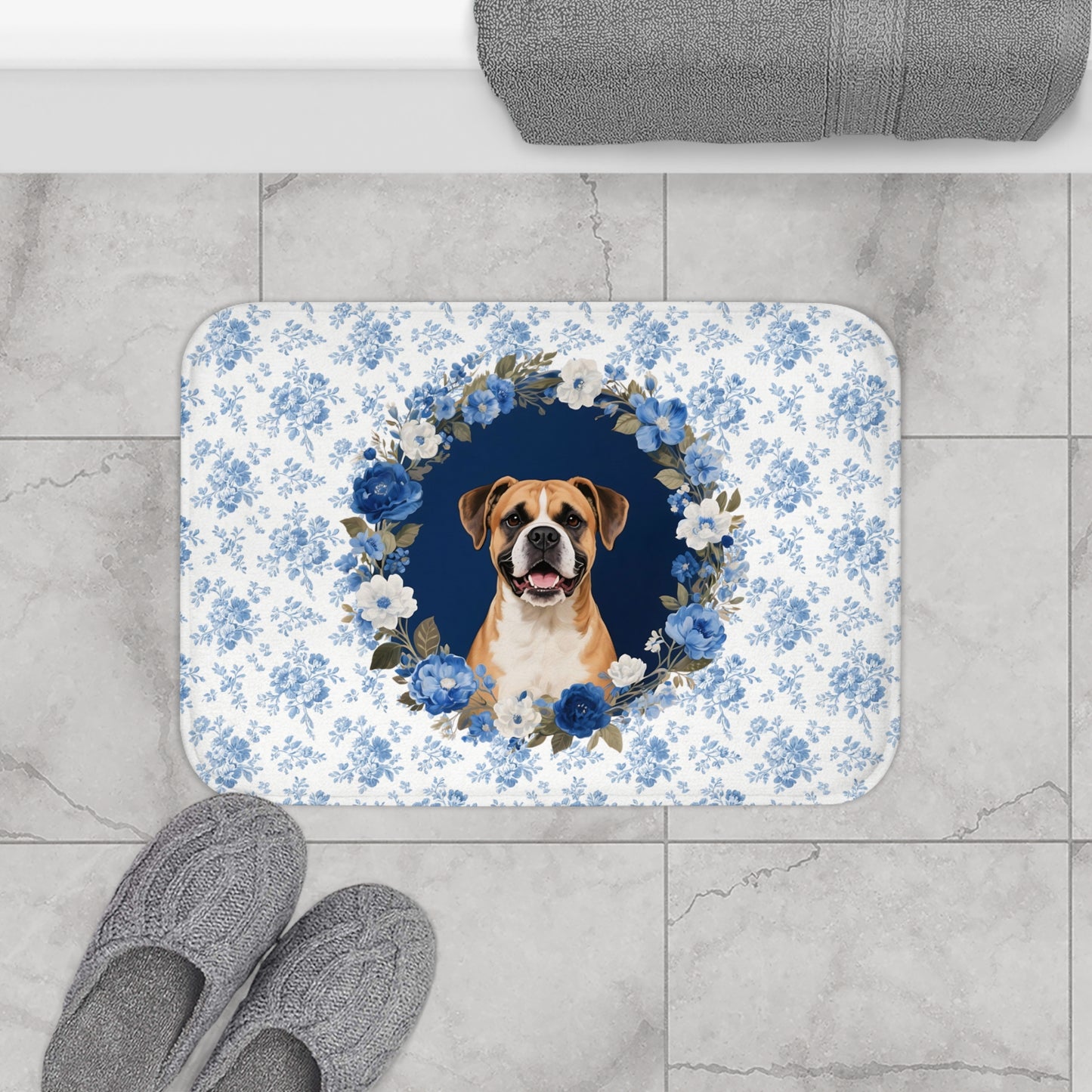 Blue Floral Boxer Bath Mat – Cute Boxer Dog Bathroom Rug