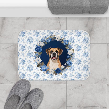 Blue Floral Boxer Bath Mat – Cute Boxer Dog Bathroom Rug