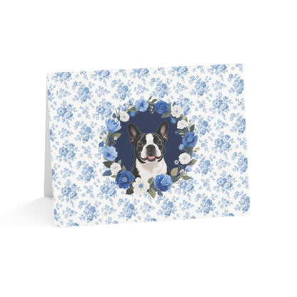 Boston Terrier Dog Blue Floral Greeting Card Set