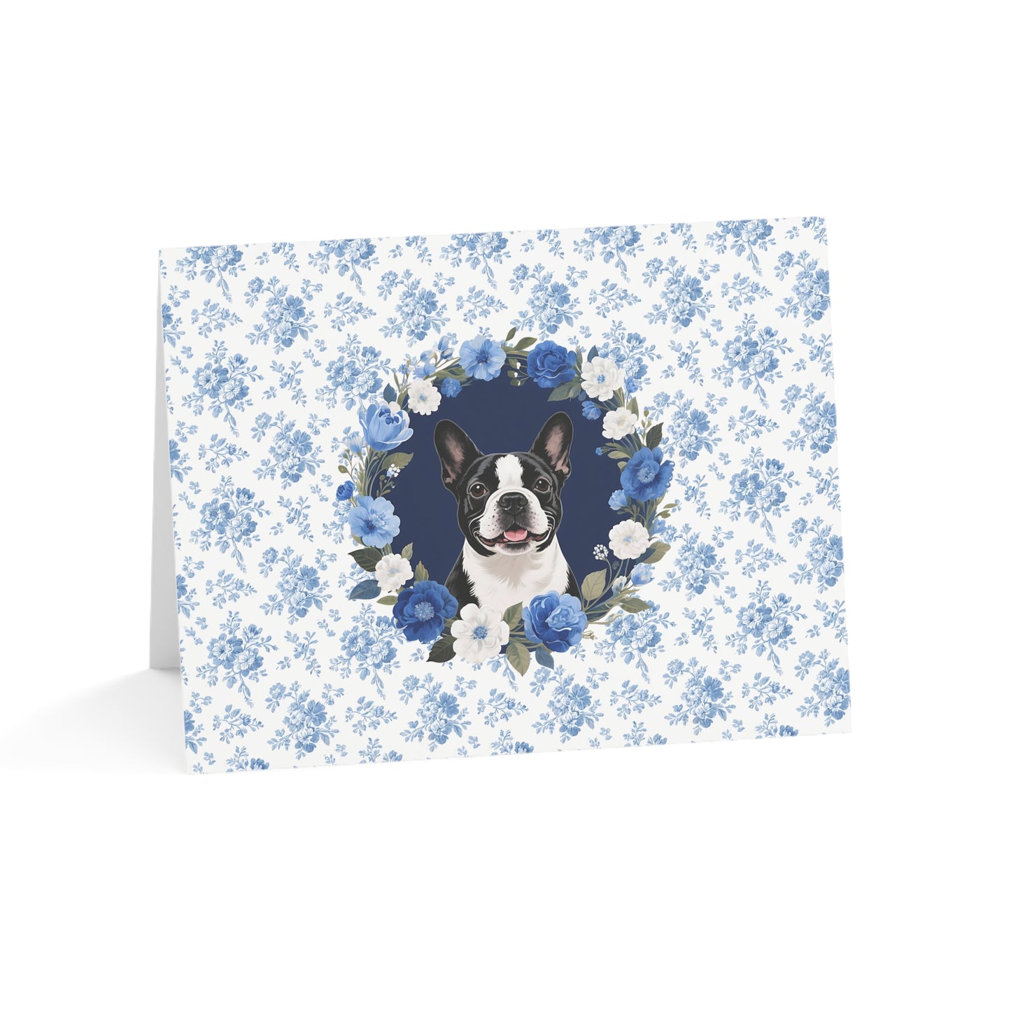Boston Terrier Dog Blue Floral Greeting Card Set