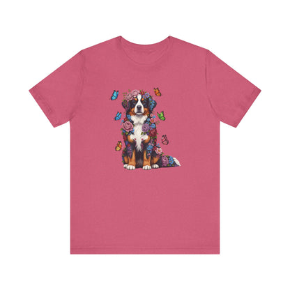 Whimsical Floral Bernese Mountain Dog Tee – Colorful Dog Lover Shirt with Butterflies
