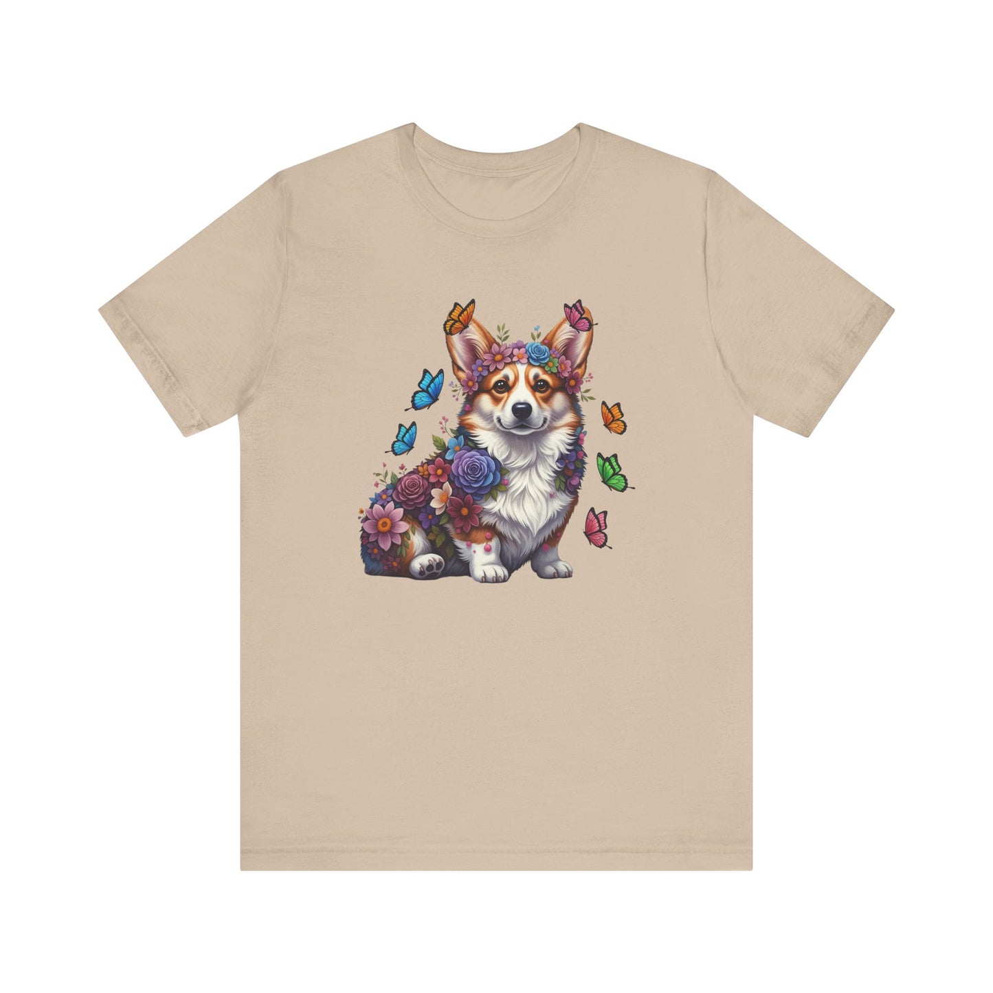 Whimsical Floral Corgi Tee – Colorful Dog Lover Shirt with Butterflies