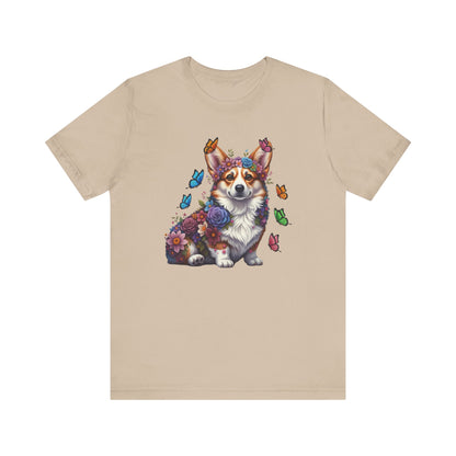 Whimsical Floral Corgi Tee – Colorful Dog Lover Shirt with Butterflies