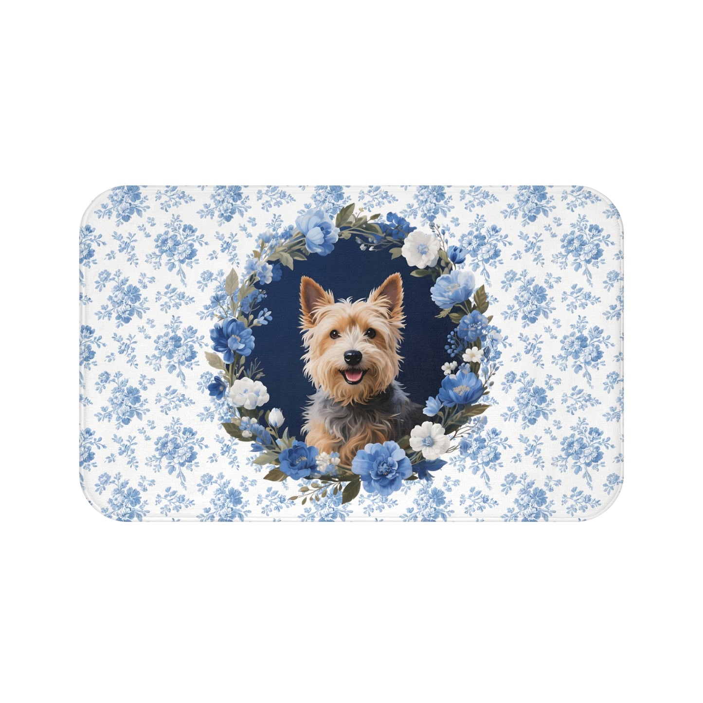 Blue Floral Terrier Bath Mat – Cute Cairn Terrier Dog Bathroom Rug