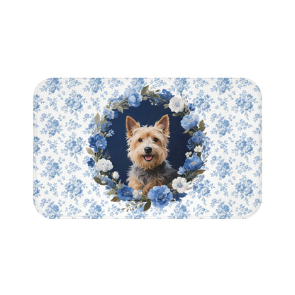 Blue Floral Terrier Bath Mat – Cute Cairn Terrier Dog Bathroom Rug