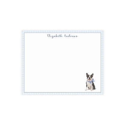 Boston Terrier Dog Blue Gingham Personalized Notecard Set