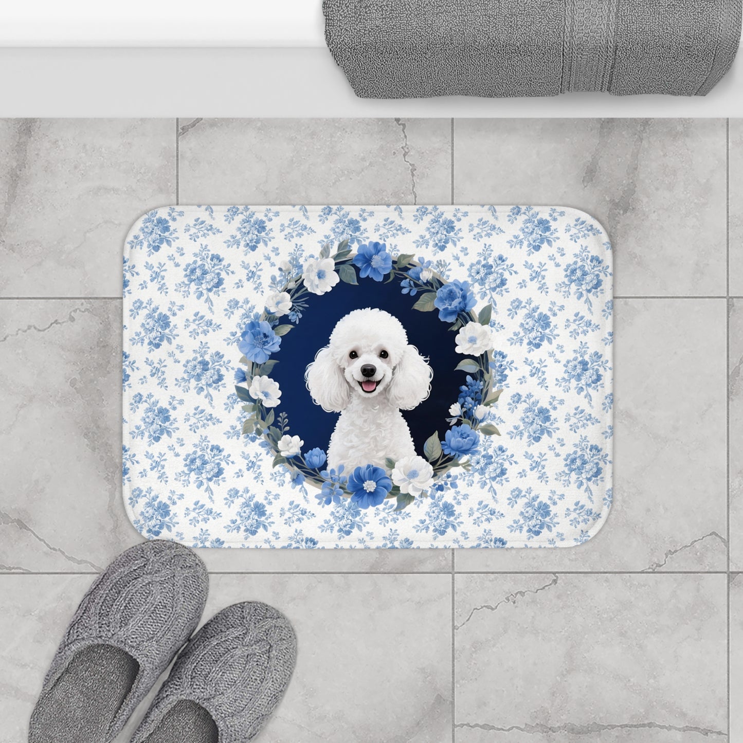 Blue Floral Poodle Bath Mat – Cute Poodle Dog Bathroom Rug
