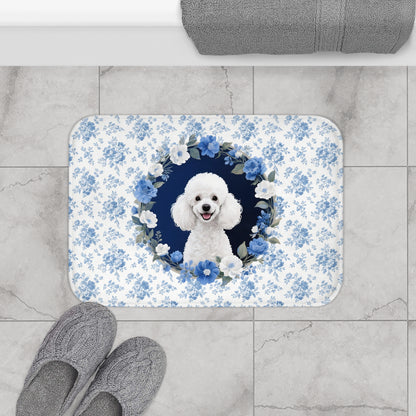 Blue Floral Poodle Bath Mat – Cute Poodle Dog Bathroom Rug