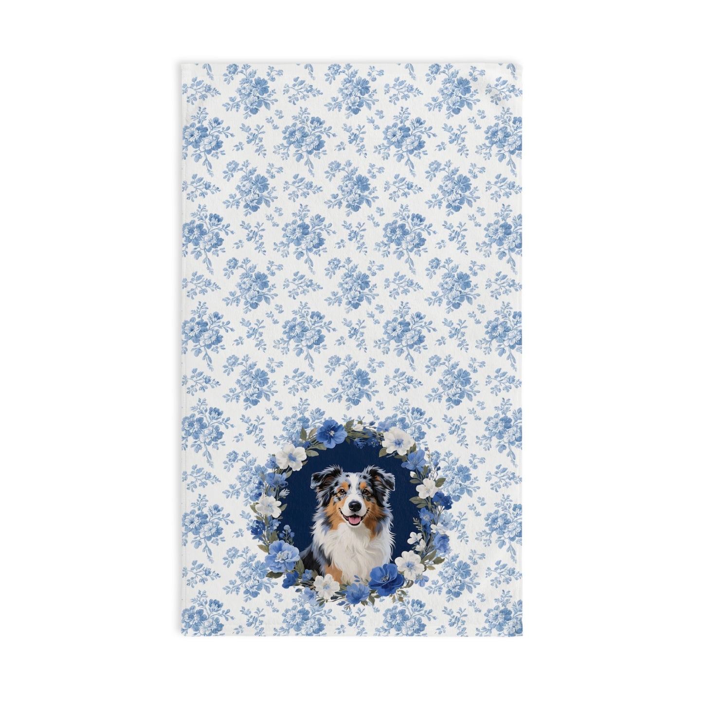 Copy of Blue Floral Australian Shepherd Dog Portrait Hand Towel – Cute Pet Bathroom Accessory