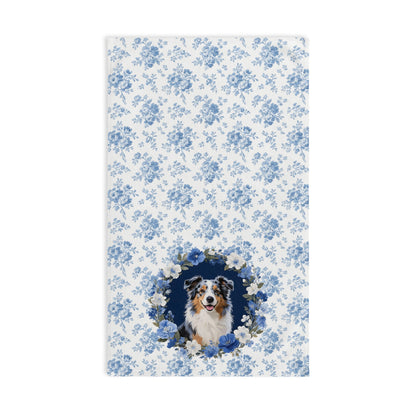 Copy of Blue Floral Australian Shepherd Dog Portrait Hand Towel – Cute Pet Bathroom Accessory