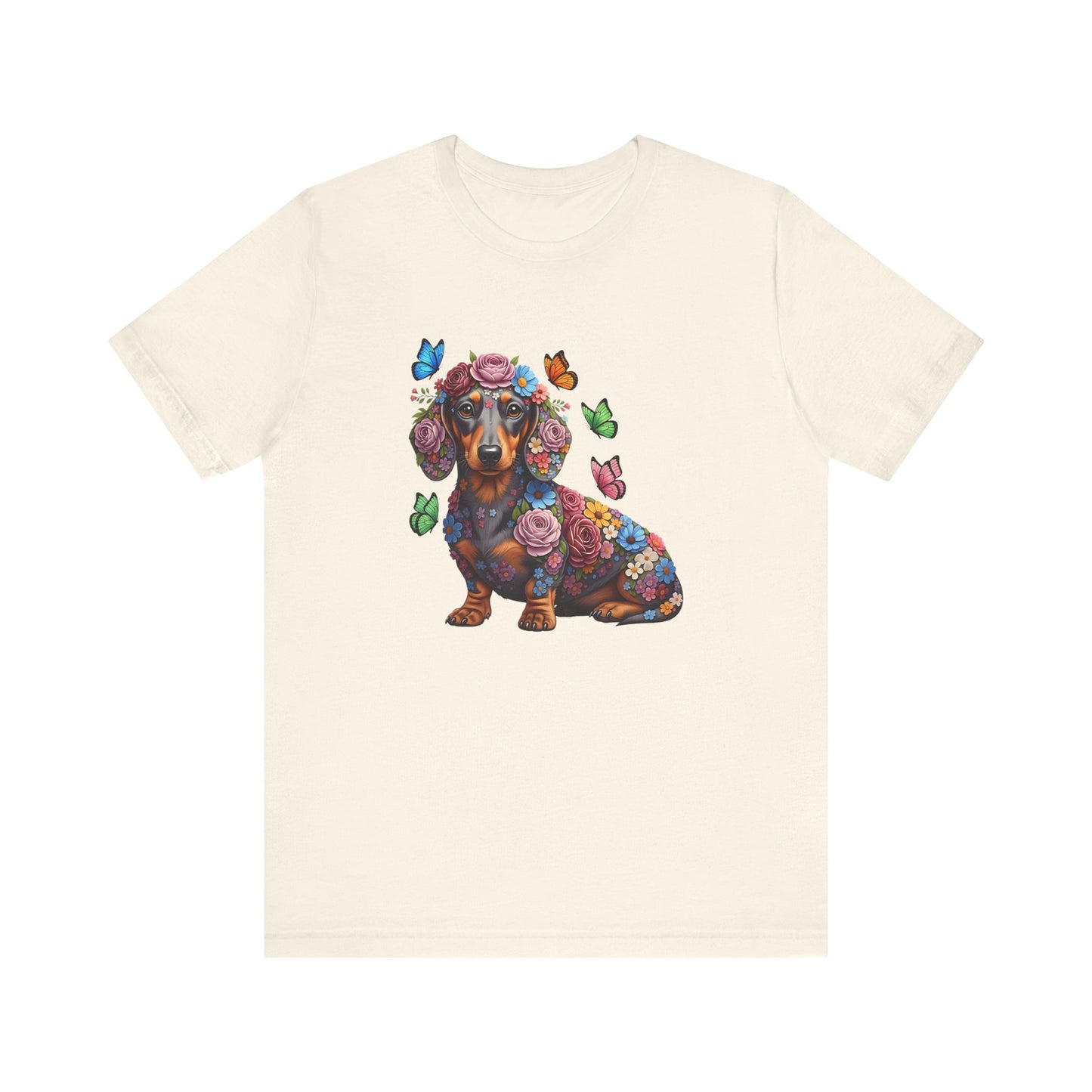 Whimsical Floral Dachshund Tee – Colorful Dog Lover Shirt with Butterflies