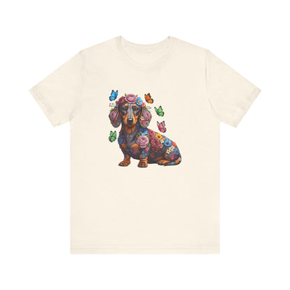 Whimsical Floral Dachshund Tee – Colorful Dog Lover Shirt with Butterflies