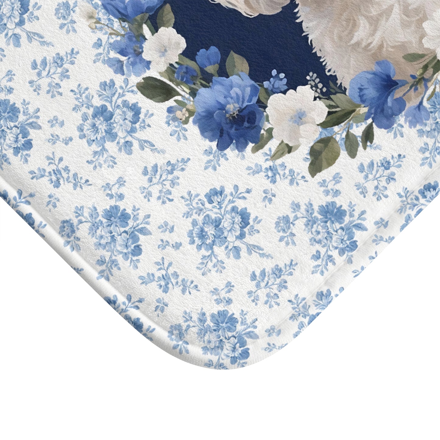 Blue Floral Maltese Bath Mat – Cute Maltese Dog Bathroom Rug