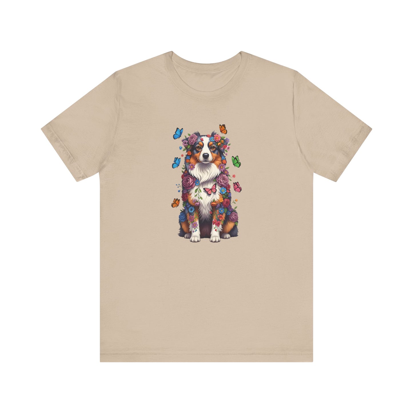 Whimsical Floral Australian Shepherd Tee – Colorful Dog Lover Shirt with Butterflies