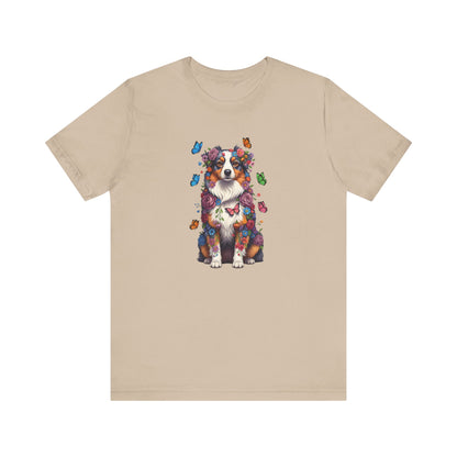 Whimsical Floral Australian Shepherd Tee – Colorful Dog Lover Shirt with Butterflies