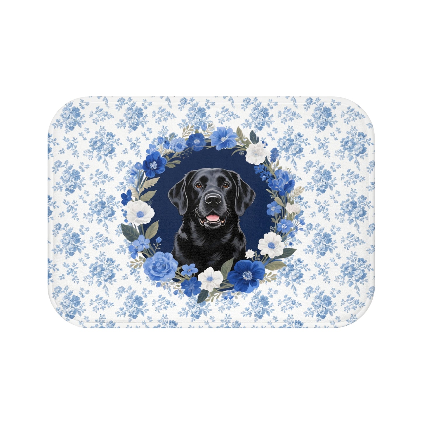 Blue Floral Lab Bath Mat – Cute Black Labrador Retriever Dog Bathroom Rug
