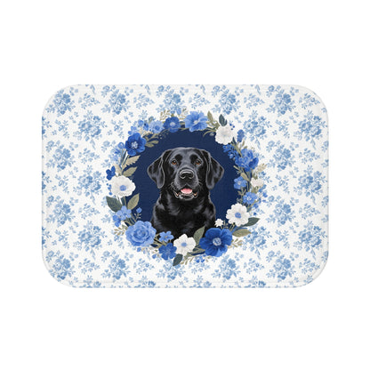 Blue Floral Lab Bath Mat – Cute Black Labrador Retriever Dog Bathroom Rug