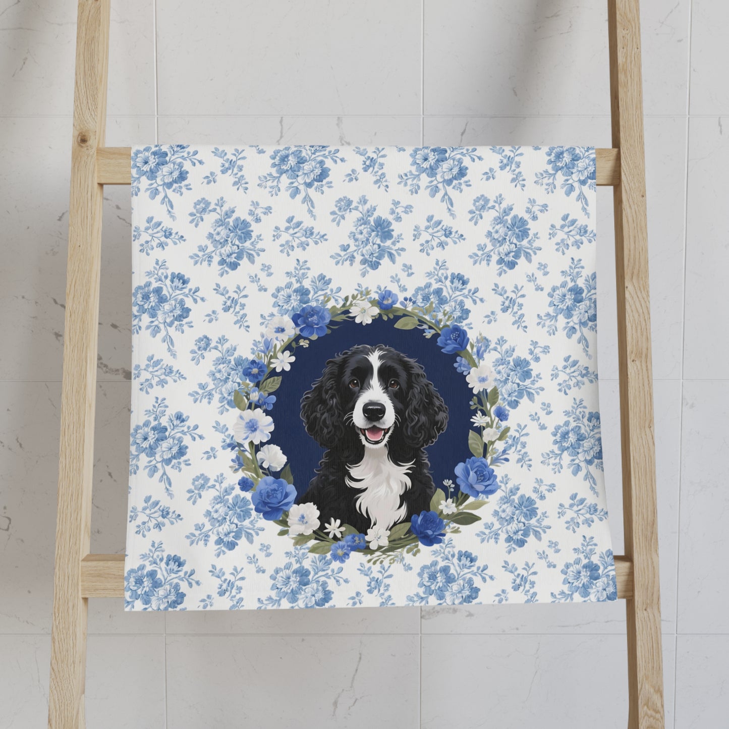 Blue Floral Portuguese Water Dog Portrait Hand Towel – Cute Pet Bathroom Accessory