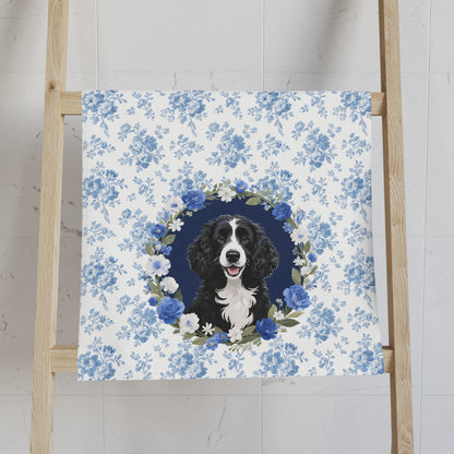 Blue Floral Portuguese Water Dog Portrait Hand Towel – Cute Pet Bathroom Accessory