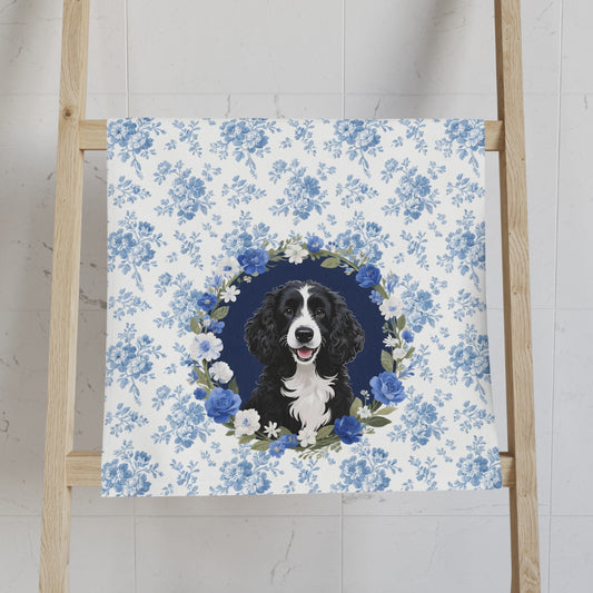 Blue Floral Portuguese Water Dog Portrait Hand Towel – Cute Pet Bathroom Accessory