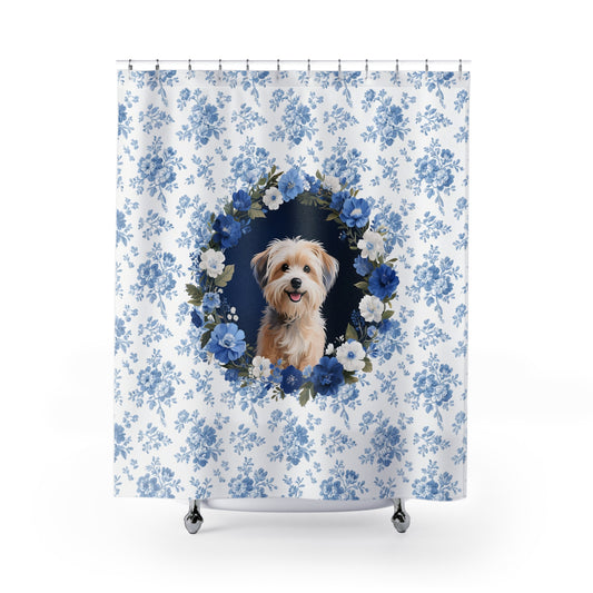 Havanese Dog Blue Floral Shower Curtain – Dog Portrait Bath Decor