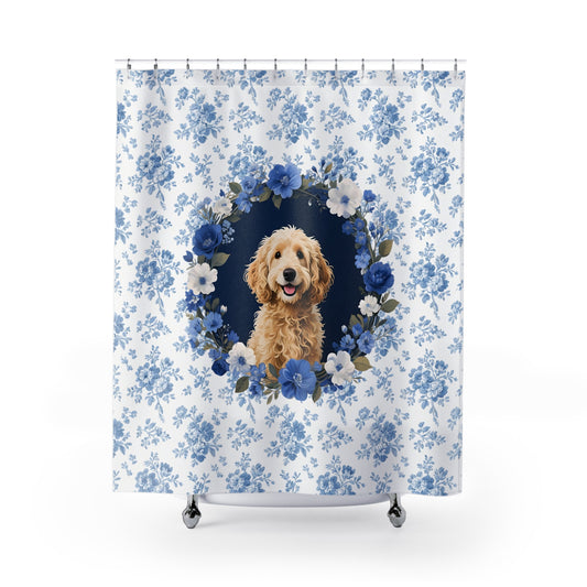 Goldendoodle Dog Blue Floral Shower Curtain – Dog Portrait Bath Decor