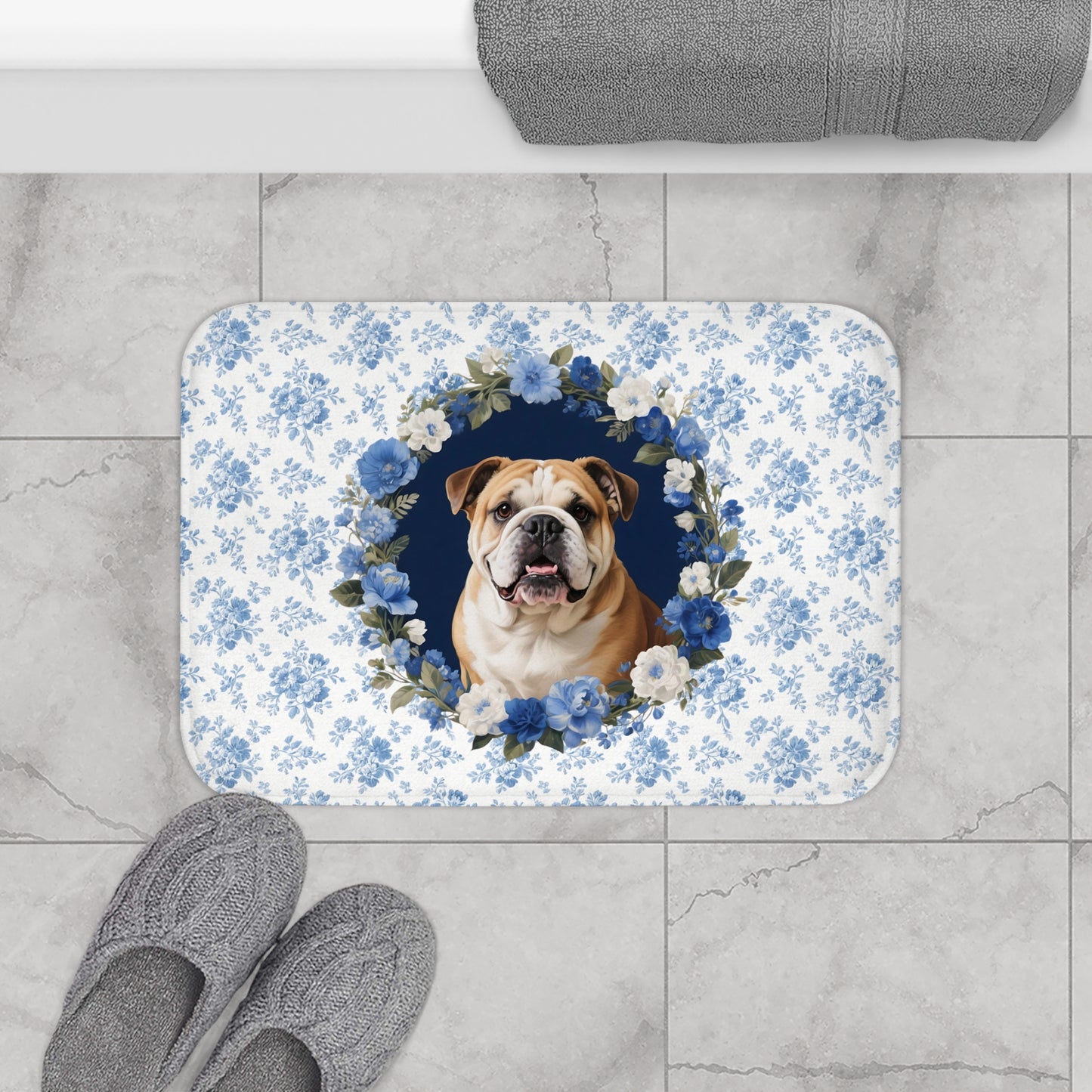 Blue Floral Bulldog Bath Mat – Cute English Bulldog Bathroom Rug
