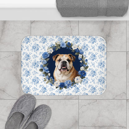 Blue Floral Bulldog Bath Mat – Cute English Bulldog Bathroom Rug
