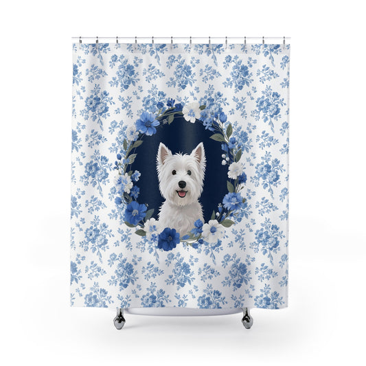 West Highland White Terrier Dog Blue Floral Shower Curtain – Dog Portrait Bath Decor