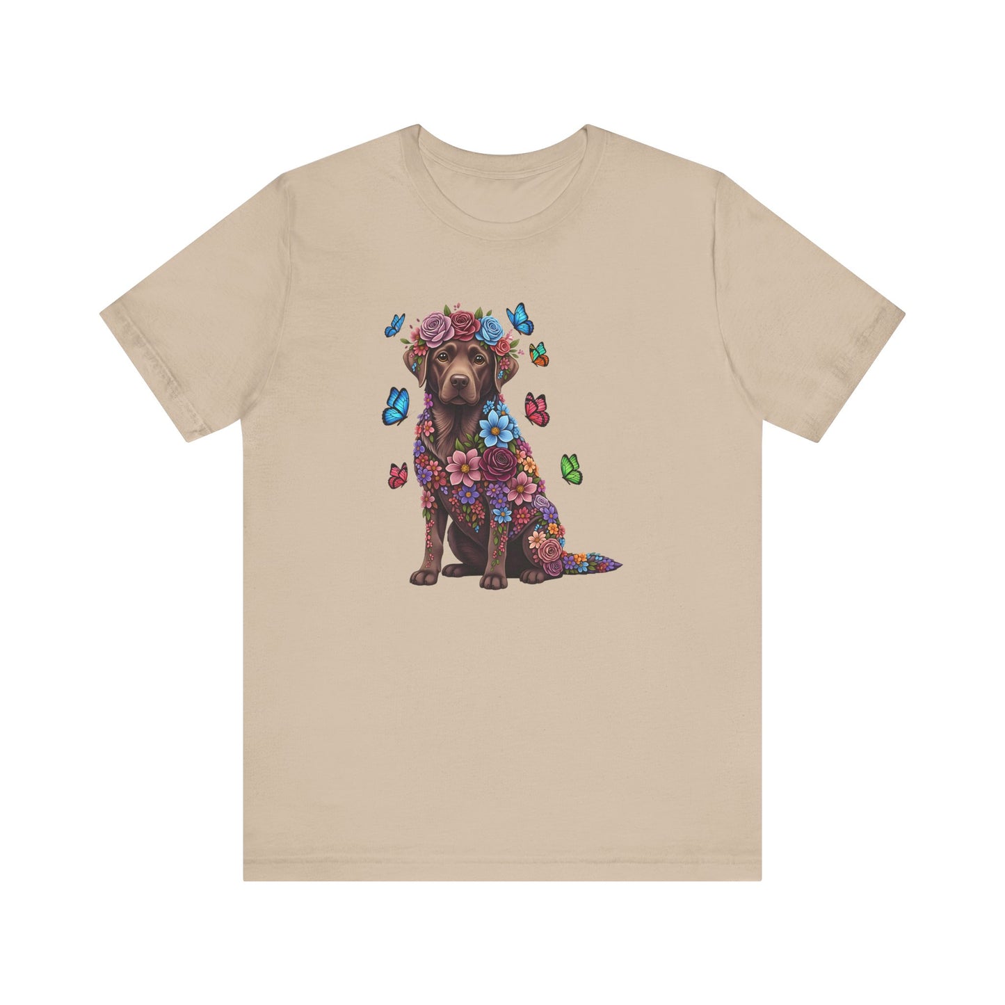 Whimsical Floral Chocolate Labrador Retriever Tee – Colorful Dog Lover Shirt with Butterflies