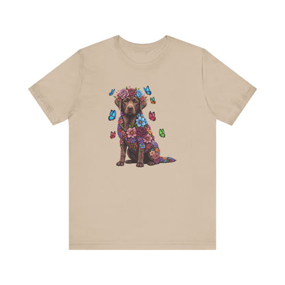 Whimsical Floral Chocolate Labrador Retriever Tee – Colorful Dog Lover Shirt with Butterflies