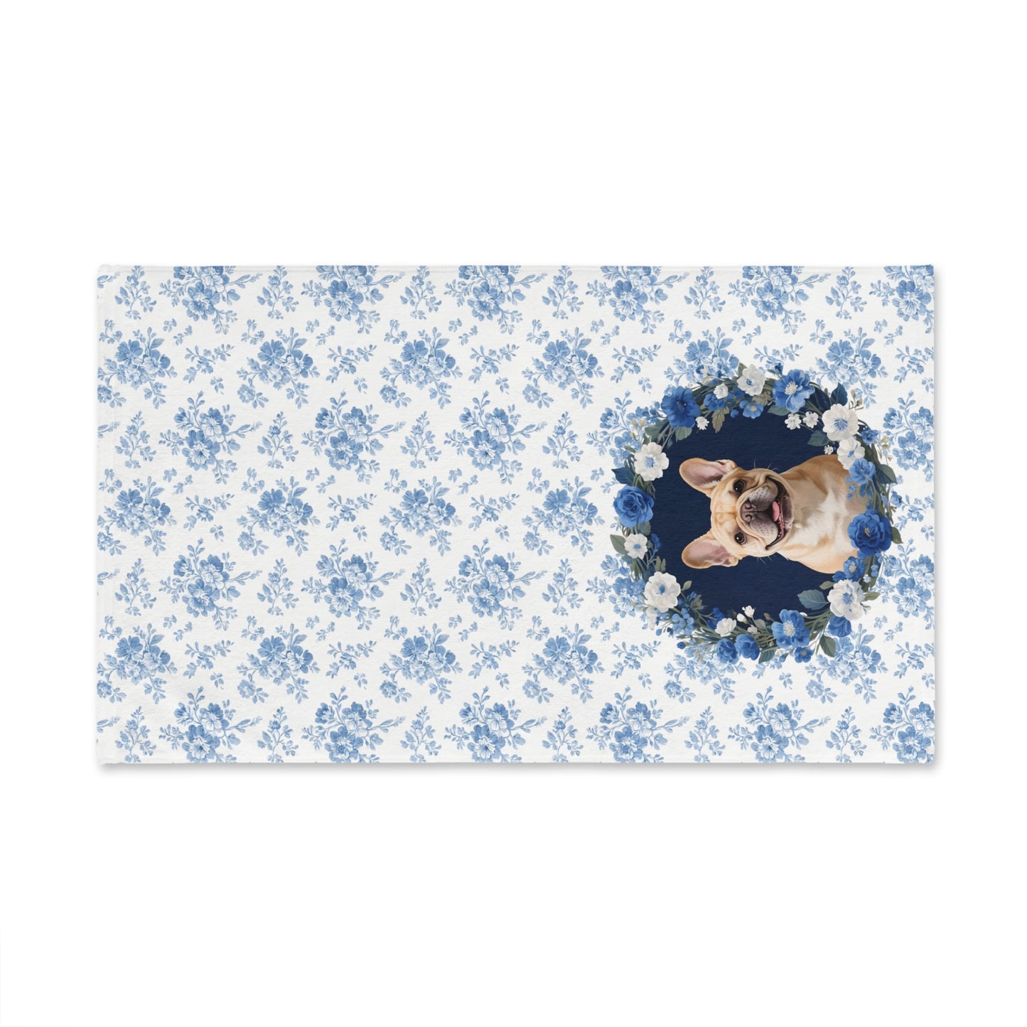 Blue Floral Fawn French Bulldog Portrait Hand Towel – Cute Pet Bathroom Accessory