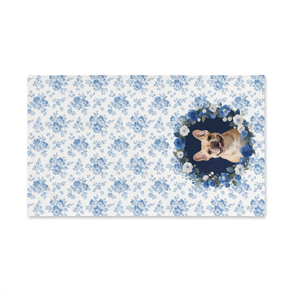 Blue Floral Fawn French Bulldog Portrait Hand Towel – Cute Pet Bathroom Accessory