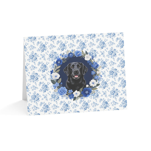 Black Labrador Retriever Dog Blue Floral Greeting Card Set