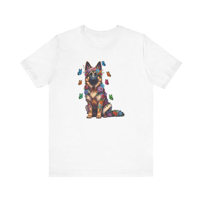 Whimsical Floral German Shepherd Tee – Colorful Dog Lover Shirt with Butterflies